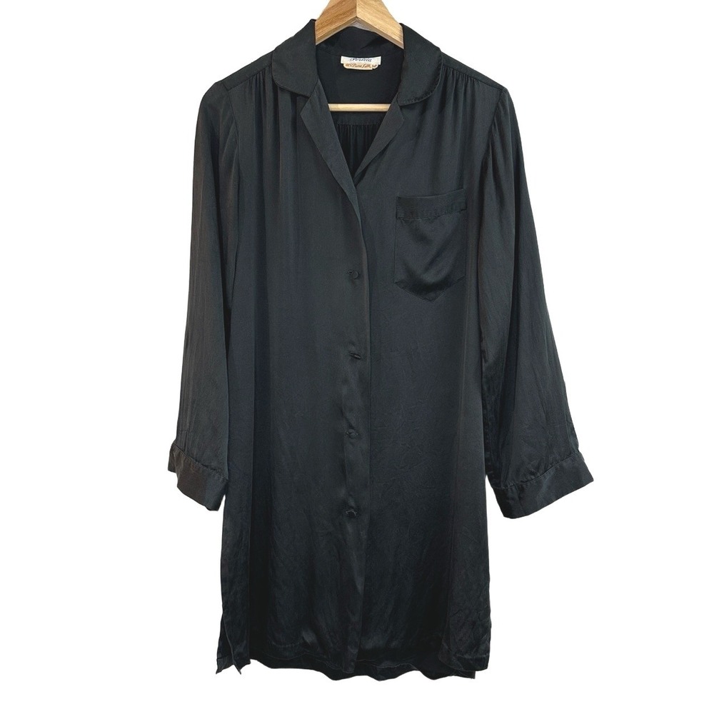 Perlita 100% Pure Silk Black Button Down Long Sleeve Nightshirt Dress Womens S‎